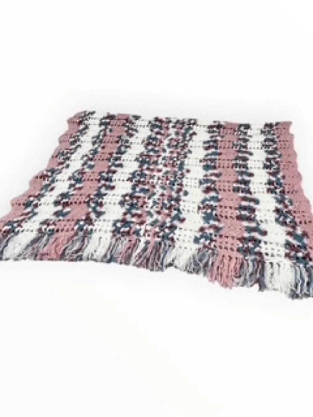 Handknit Crochet Afghan Throw Blanket Fringe Lacy Ripple Multicolor 45inx68in